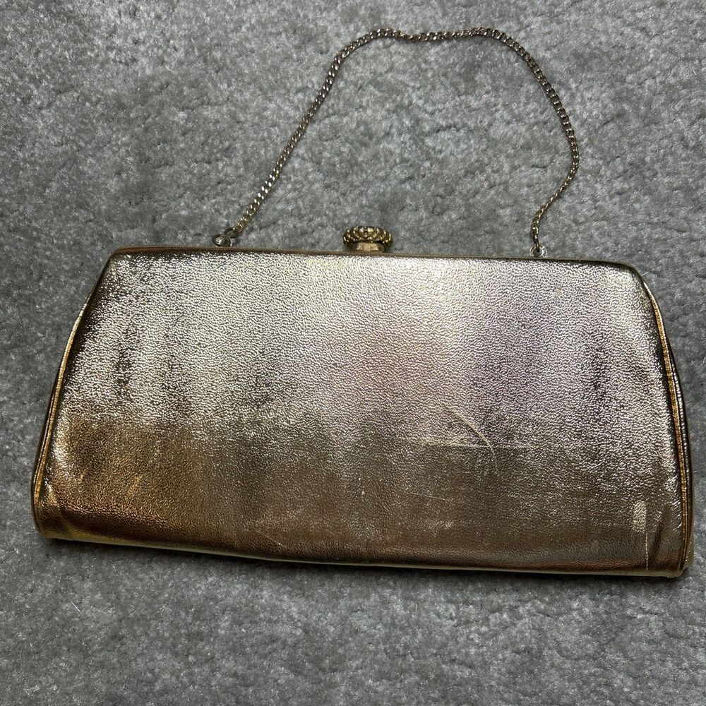 Vintage Gold Metallic Clutch Purse Evening Bag Chain Strap Satin Lined 50’s 60’s - Picture 3 of 16